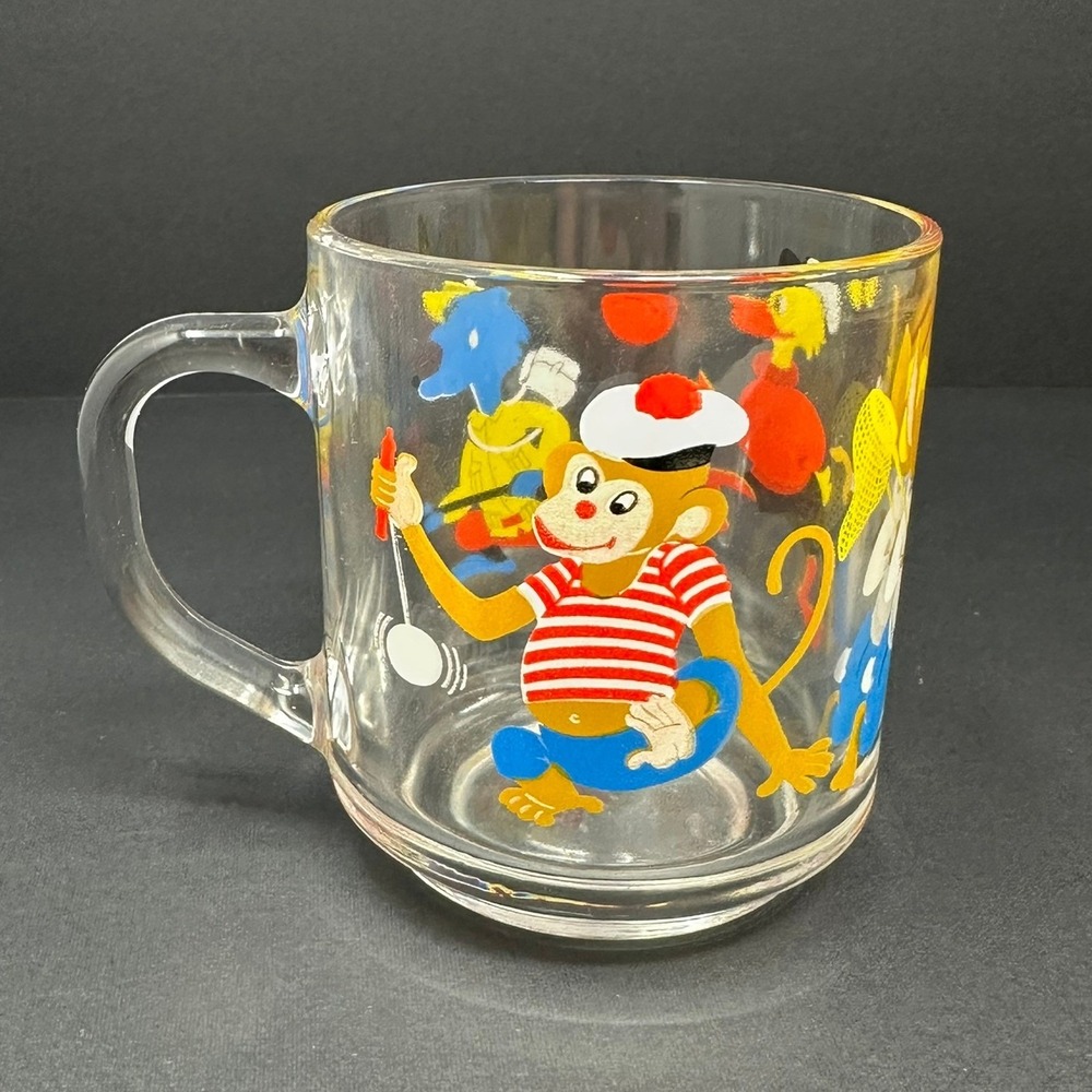 Vintage Duralex France Glass Mug Cartoon Animals Monkey Rabbit Duck Wolf A2